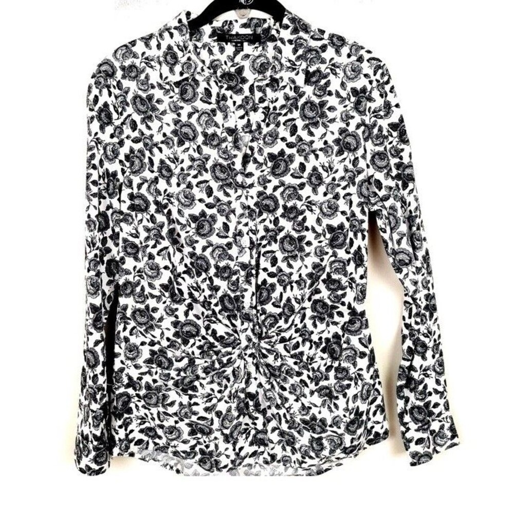 Thakoon Design Nation Blouse Sz M Women's Ruching Black Rose Print